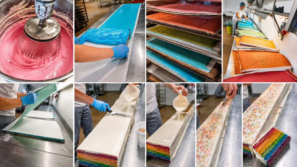 Eine Collage aus mehreren Bildern vom Herstellungsprozess der Regenbogentorte. 1.Bild: Teigherstellung und Färbung mit einem Industrie Rührgerät. 2. Bild: Teig Verteilung auf einer Meter langen Backpapier Bahn. 3 Bild: Verschiedenfarbige Teig Böden auf einem Stikkenwagen. 4. Bild: Fertiggebackene Kuchenböden verteilt auf einer Arbeitsfläche. 5. Bild: Schichtung der verschiedenfarbigen Kuchenböden mit einstreichen einer weißen Buttercreme. 6. Bild: Einstreichen der komplett geschichteten Torte mit der weißen Buttercreme. 7. Bild: Finale weiße Oberfläche wird aufgetragen. 8. Bild: Verteilung von essbarer Konfetti Dekoration auf der Torte. 8. Fertige Torte mit einen Tortenstück in Vordergrund.